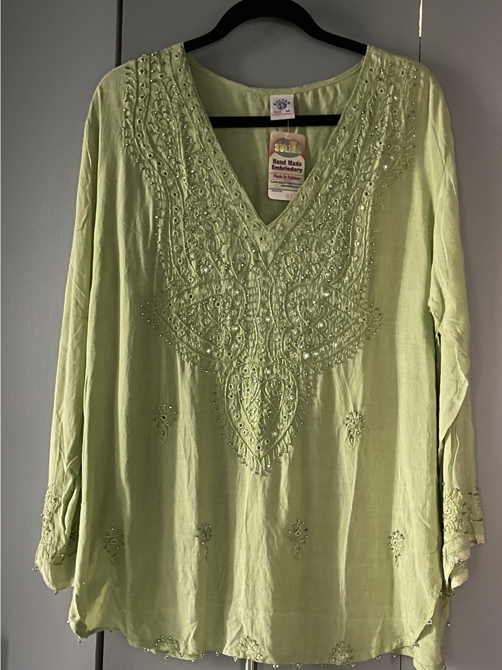 Ulta Beauty Pale Green Embroidered V-Neck Tunic